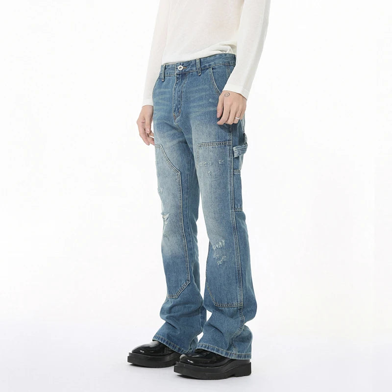 Korean Style Men's Denim Trousers Solid Color Menswear Patchwork Worn-out Mill White Straight Wide Leg Male Jeans 9W1264