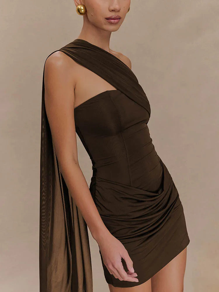 One Shoulder Backless Sexy Mini Dress Women Fashion Off-shoulder Sleeveless Backless Draped Ruched Bodycon Club Dress