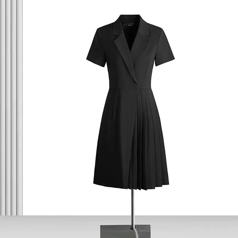 Korean Solid Office Professional Workwear Blazer Dress For Women 2024 Summer Short Sleeve High Waist Vacation Pleated Midi Dress