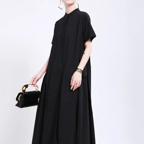 Load image into Gallery viewer, Women Army Green Pleated Elegant Long Shirt Dress New Stand Collar Short Sleeve Fashion Tide Spring Summer 2025 1DE8985
