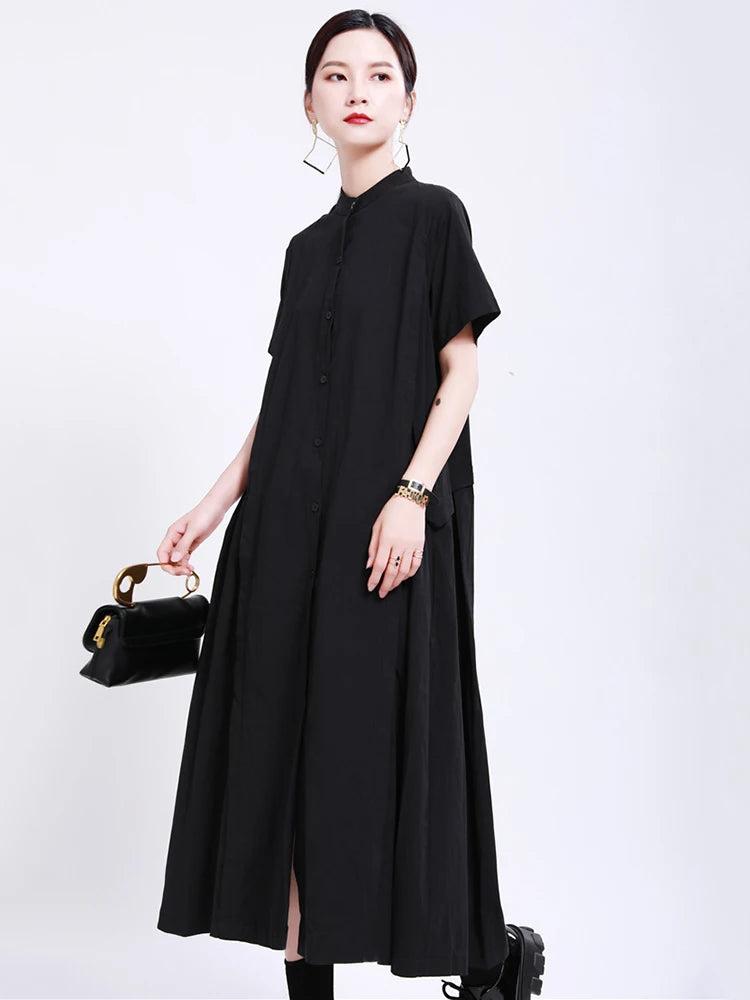 Women Army Green Pleated Elegant Long Shirt Dress New Stand Collar Short Sleeve Fashion Tide Spring Summer 2025 1DE8985