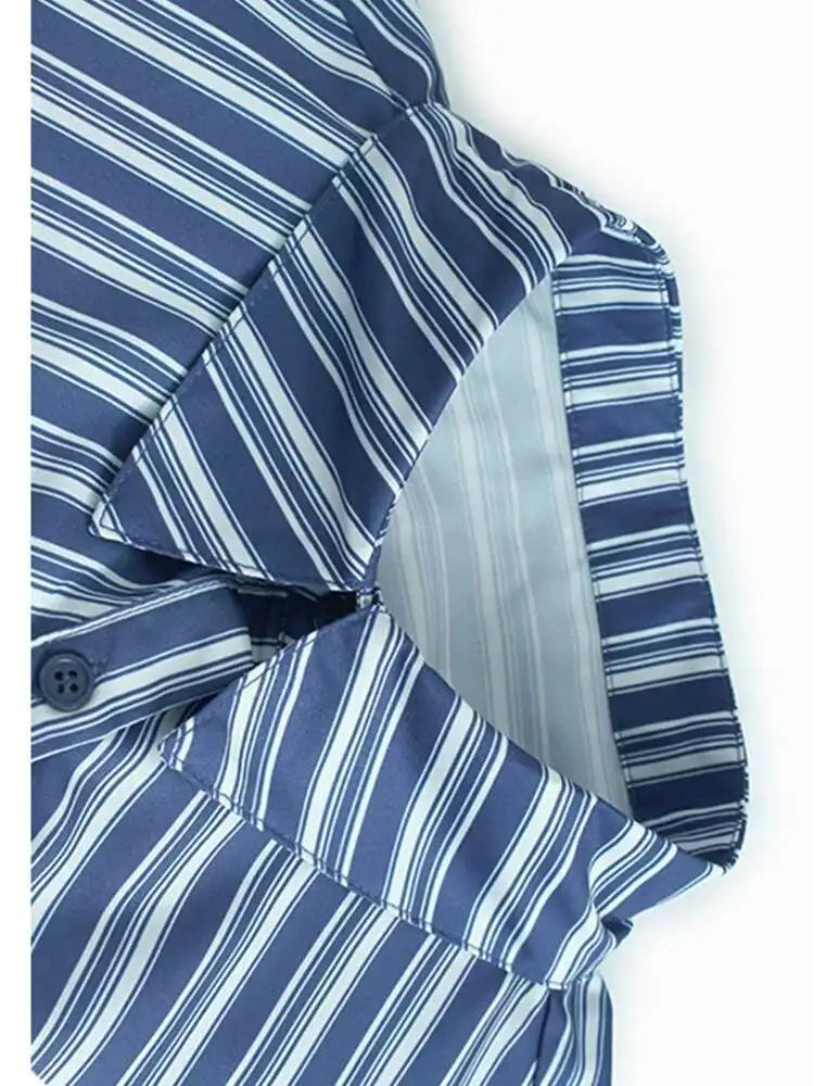 Women Blue Striped Spliced Pocket Big Size Casual Shirt Dress New Lapel Sleeve Fashion Tide Spring Summer 2025 1DH9810