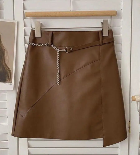 Autumn Women Brown Irregular Chain Belt Mini Skirt Black High Waist Slim Leather Bodycon Wrap Hip Short Skirt Streetwear Popular