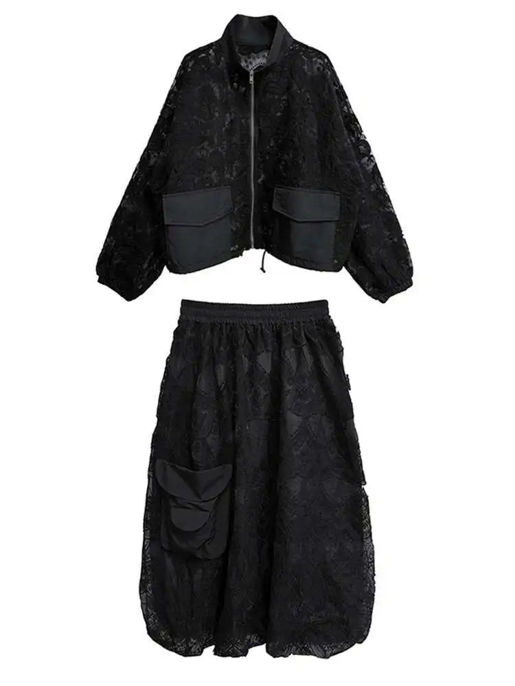 Black Lace Jacket Pocket Skirt Two Pieces Suit New Stand Collar Long Sleeve Women Fashion Tide Spring Autumn 2025 1DJ0248
