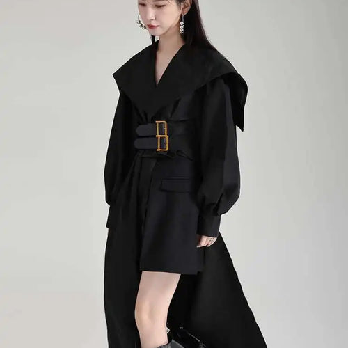 Load image into Gallery viewer, Women Black Irregular Shirt Dress New Lapel Lartern Long Sleeve Belt Waist Loose Fashion Tide Spring Autumn 2025 1DH2257
