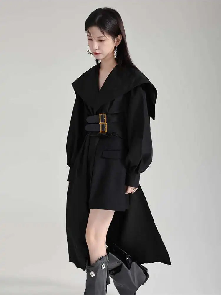 Women Black Irregular Shirt Dress New Lapel Lartern Long Sleeve Belt Waist Loose Fashion Tide Spring Autumn 2025 1DH2257