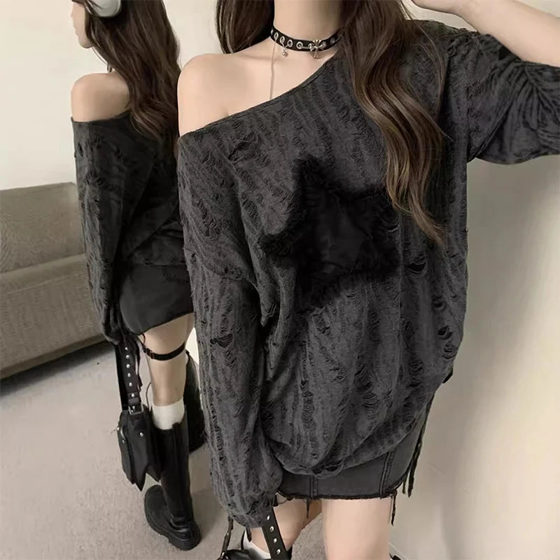 y2k Gothic Tops 2000s Women Clothes Drawstring Star Patch Ripped Long Sleeves T Shirts Grunge Clothing Streetwear