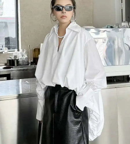 Women White Back Long Irregular Big Size Blouse New V-Neck Long Sleeve Shirt Fashion Tide Spring Autumn 2025 1DH6949