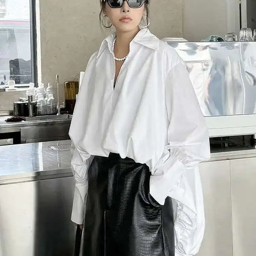 Load image into Gallery viewer, Women White Back Long Irregular Big Size Blouse New V-Neck Long Sleeve Shirt Fashion Tide Spring Autumn 2025 1DH6949
