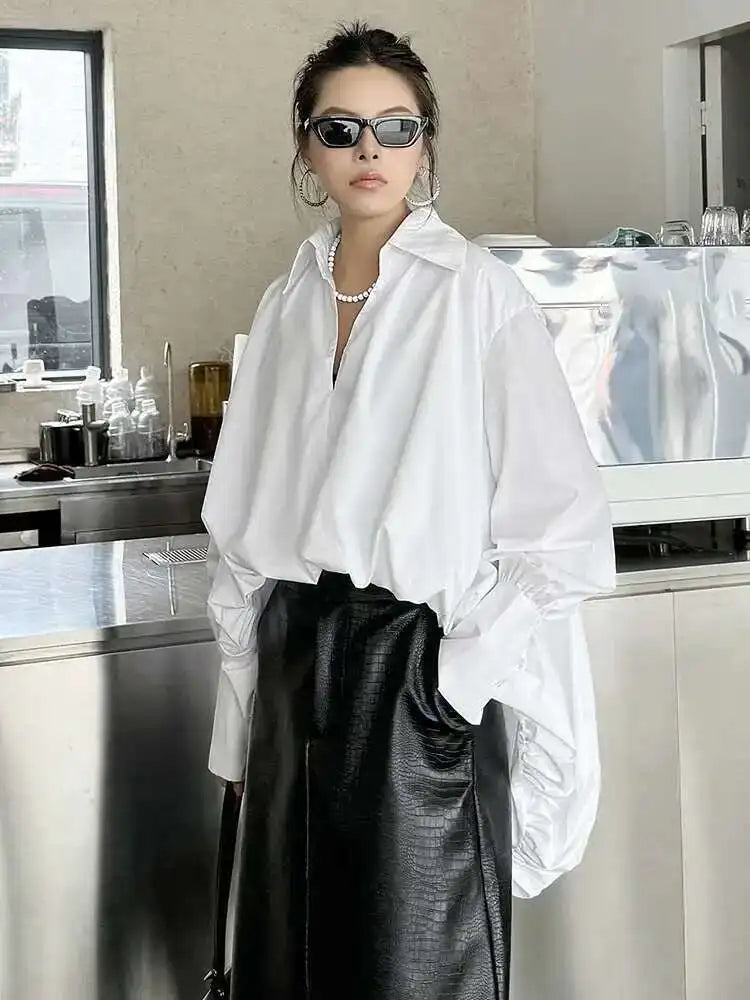 Women White Back Long Irregular Big Size Blouse New V-Neck Long Sleeve Shirt Fashion Tide Spring Autumn 2025 1DH6949