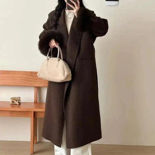 Load image into Gallery viewer, Dark Gray Cuff Fur Big Size Long Woolen Coat New Lapel Long Sleeve Women Jacket Fashion Tide Autumn Winter 2025 CPG2464
