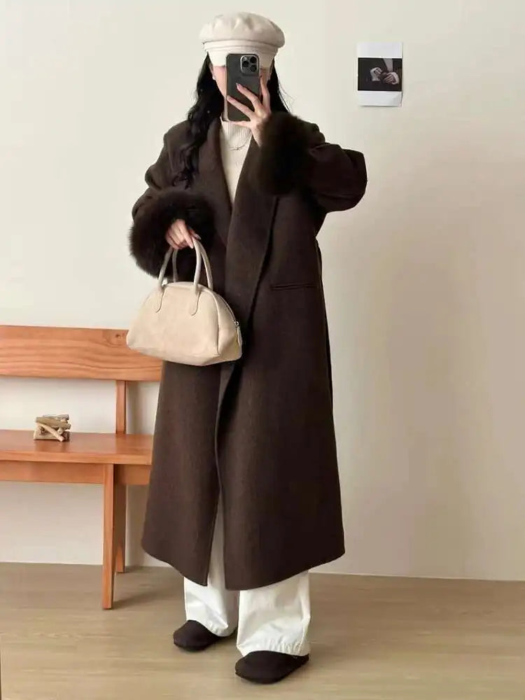 Dark Gray Cuff Fur Big Size Long Woolen Coat New Lapel Long Sleeve Women Jacket Fashion Tide Autumn Winter 2025 CPG2464