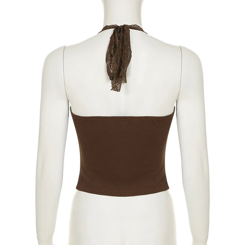 Load image into Gallery viewer, Vintage V-Neck Lace Patchwork Skinny Camisole Women's Summer Lace-Up Halter Cropped Tops Y2K Aesthetics Hotie Clothes
