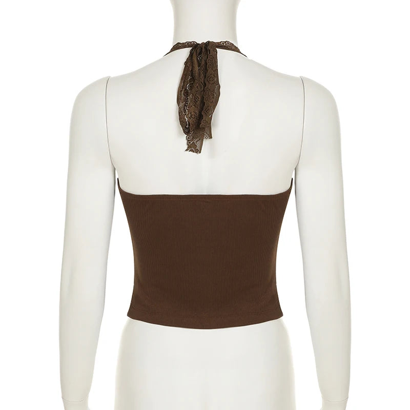 Vintage V-Neck Lace Patchwork Skinny Camisole Women's Summer Lace-Up Halter Cropped Tops Y2K Aesthetics Hotie Clothes