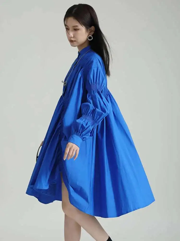 Women Blue Irregular Pleated Big Hem Shirt Dress New Stand Neck Long Sleeve Loose Fashion Tide Spring Autumn 2025 1DF9549