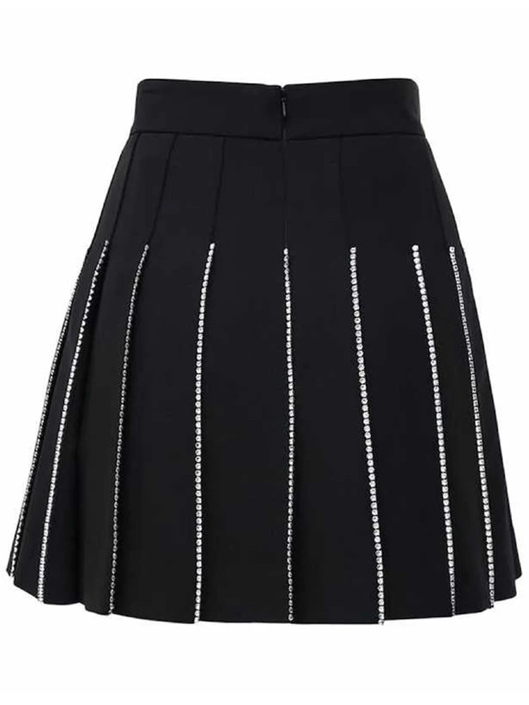 Korean Patchwork Diamond Skirt For Female High Waist Solid Minimalist Mini Pleated Skirts Women Fashion Summer