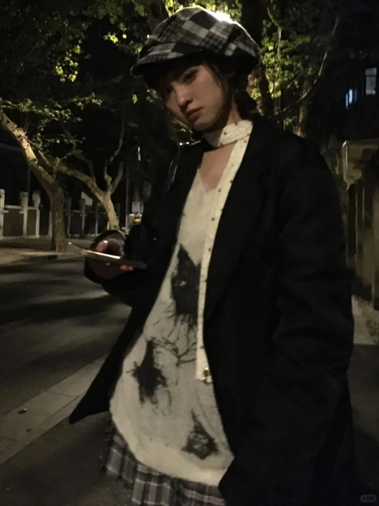 Harajuku Vintage Grunge Butterfly Printing Pullovers Women Y2k Aesthetic See Through Jumpers Streetwear Girl Oversized Sweaters