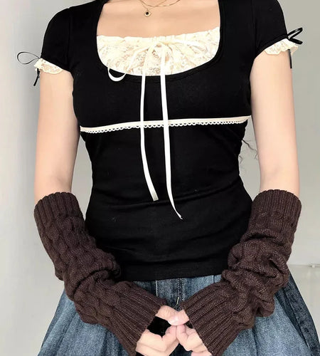 Y2k Lace Trim Crop Top Bow Cute Sweet Tee Short Sleeve Harajuku Casual T Shirt Women Prepply Retro Korean Top Summer