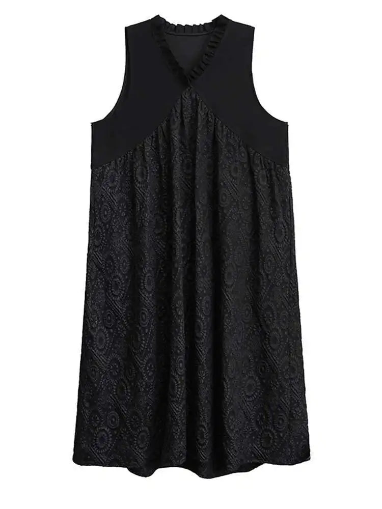 Women Black Pattern Textured Big Size Midi Vest Dress New V-Neck Sleeveless Fashion Tide Spring Autumn 2025 1DH8441