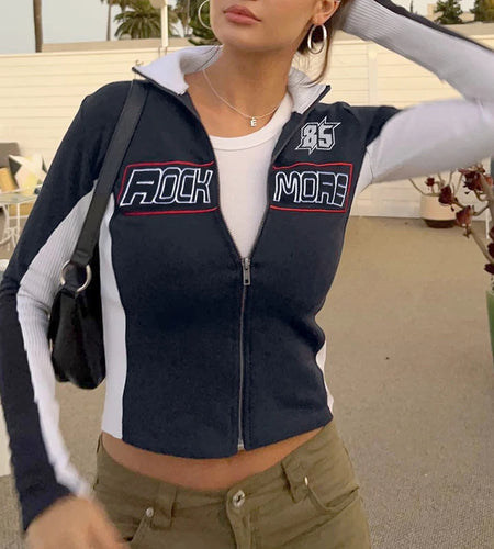 Moto Style Bikercore Patchwork Zip-up Jackets Female Streetwear Patchwork Autumn Coat Short Letter Embroidery Jacket