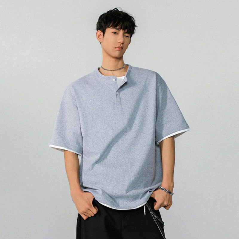 Fake Two-piece Men's T-shirt Summer New Trendy Solid Color Tees Half Sleeves Round-collar Loose Male T-shirts 2025 9W1295