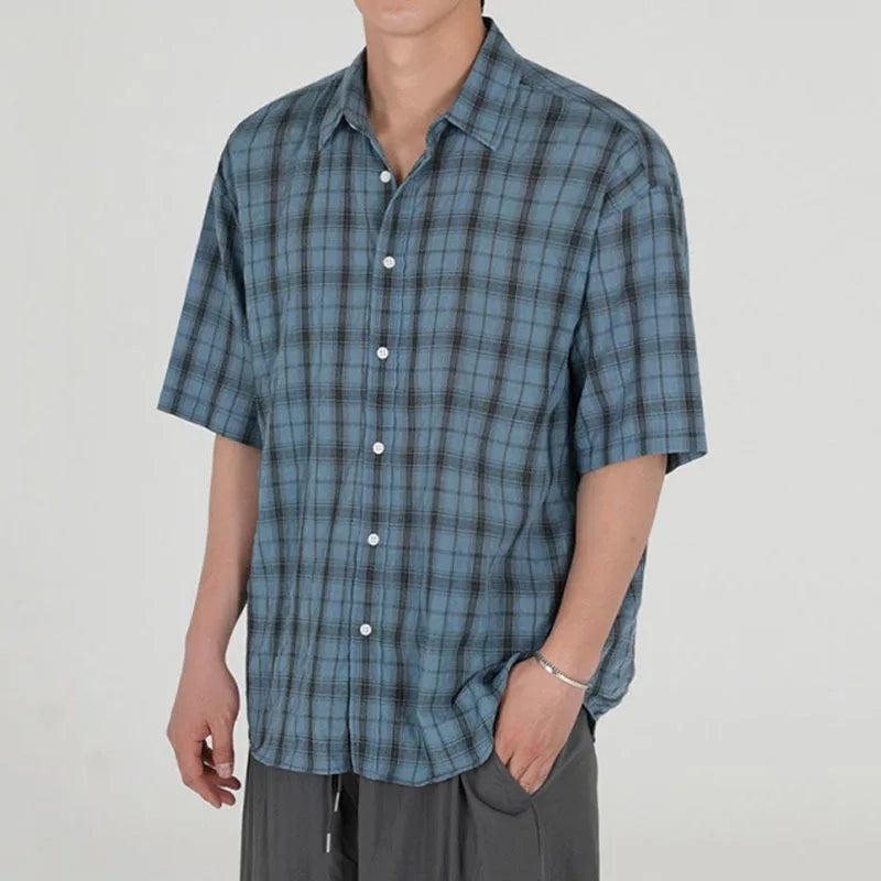 Summer Male Short Sleeve Shirts Casual Plaid Shirt Korean Single Breasted Handsome Trendy Men's Clothing 9W1632
