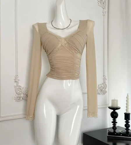 Vintage Fashion Khaki Elegant Lace Mesh Pleated Tops French Autumn Brown Square V Neck Chic Long Sleeve Festival Short T Shirt