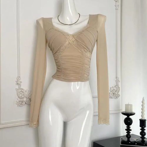 Load image into Gallery viewer, Vintage Fashion Khaki Elegant Lace Mesh Pleated Tops French Autumn Brown Square V Neck Chic Long Sleeve Festival Short T Shirt
