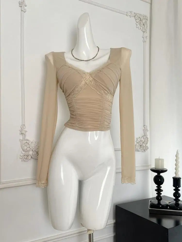 Vintage Fashion Khaki Elegant Lace Mesh Pleated Tops French Autumn Brown Square V Neck Chic Long Sleeve Festival Short T Shirt