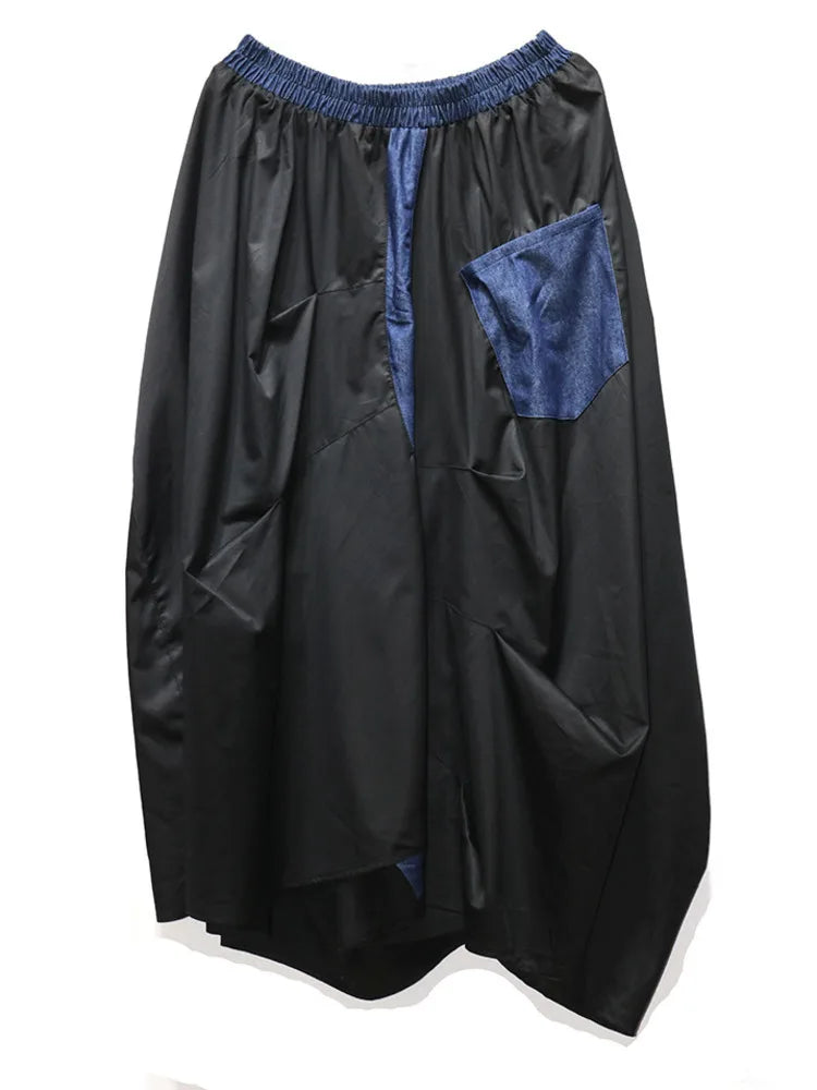 High Elastic Waist Black Blue Color-block Irregular A-line Half-body Skirt Women Fashion New Spring Autumn 2025 1DJ0209