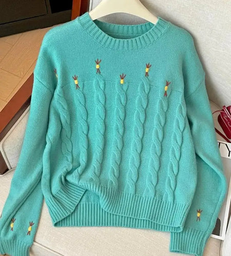 Korean Retro Women's Blue Embroidery Round Neck Vacation Twists Knit Sweater Autumn Winter Red Long Sleeve Fashion Pullover Tops