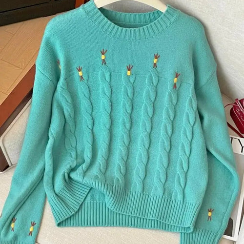 Load image into Gallery viewer, Korean Retro Women's Blue Embroidery Round Neck Vacation Twists Knit Sweater Autumn Winter Red Long Sleeve Fashion Pullover Tops
