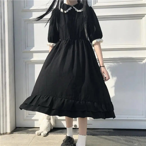 Load image into Gallery viewer, Autumn Black Kawaii Lolita Style Dress Mori Girl Fairy Cute Lolita Peter Pan Collar Puff Sleeve Dress Fashion Women

