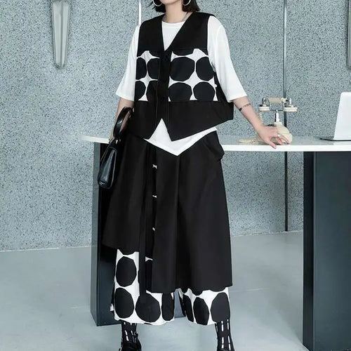 Load image into Gallery viewer, Big Size Black Dot Vest Wide Leg Pants Two Piece Suit New V-Neck Sleeveless Women Fashion Tide Spring Autumn 2025 1DJ1039
