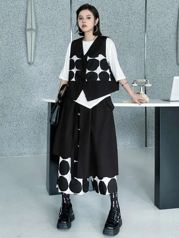 Big Size Black Dot Vest Wide Leg Pants Two Piece Suit New V-Neck Sleeveless Women Fashion Tide Spring Autumn 2025 1DJ1039