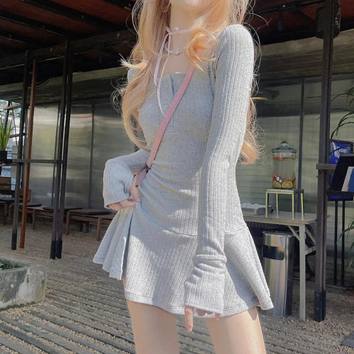 Load image into Gallery viewer, Korean Grey Knit Autumn Dress Women Buttons Solid Casual Basic Coquette Clothes A-Line Mini Dress Preppy Style Kawaii
