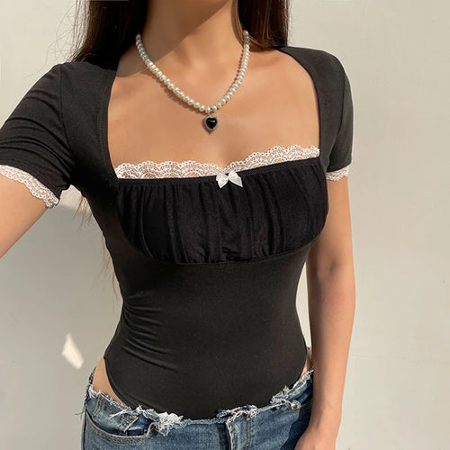 Load image into Gallery viewer, Fashion Square Neck Summer Bodysuit Women Lace Trim Bow Folds One Piece Body Streetwear French Rompers Elegant Tops
