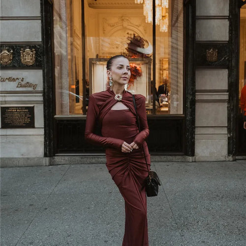 Load image into Gallery viewer, Hollow Out Long Sleeve Sexy Maxi Dress For Women Gown Autumn Winter New Metal Buckle Ruched Slit Long Dress Elegant
