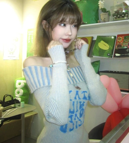 Sexy Off Shoulder Letter Women Sweaters Autumn Slim Vintage All Match Pullovers Sweet Y2k Striped Knitted Fairy Jumpers Trendy