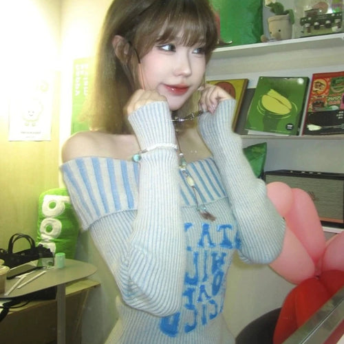 Load image into Gallery viewer, Sexy Off Shoulder Letter Women Sweaters Autumn Slim Vintage All Match Pullovers Sweet Y2k Striped Knitted Fairy Jumpers Trendy
