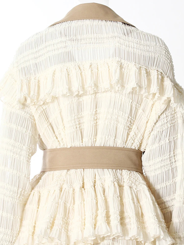 Women Khaki Lace Ruffles Big Size Long Trench New Lapel Long Sleeve Windbreaker Fashion Tide Spring Autumn 2025 7AB8040