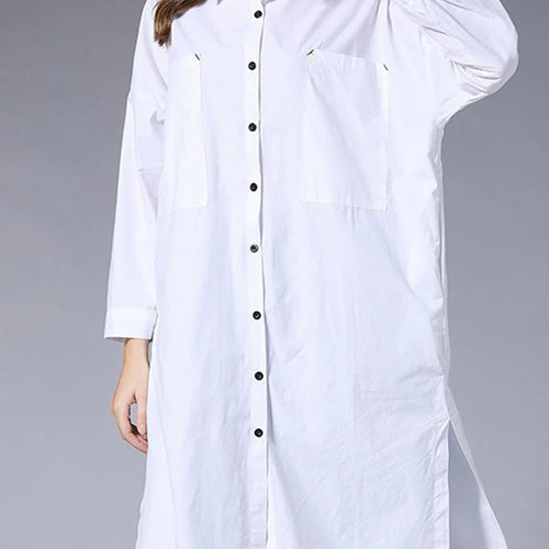 Load image into Gallery viewer, Women White Pocket Slit Spliced Big Size Long Blouse New Lapel Long Sleeve Shirt Fashion Tide Spring Autumn 2025 1DJ1506

