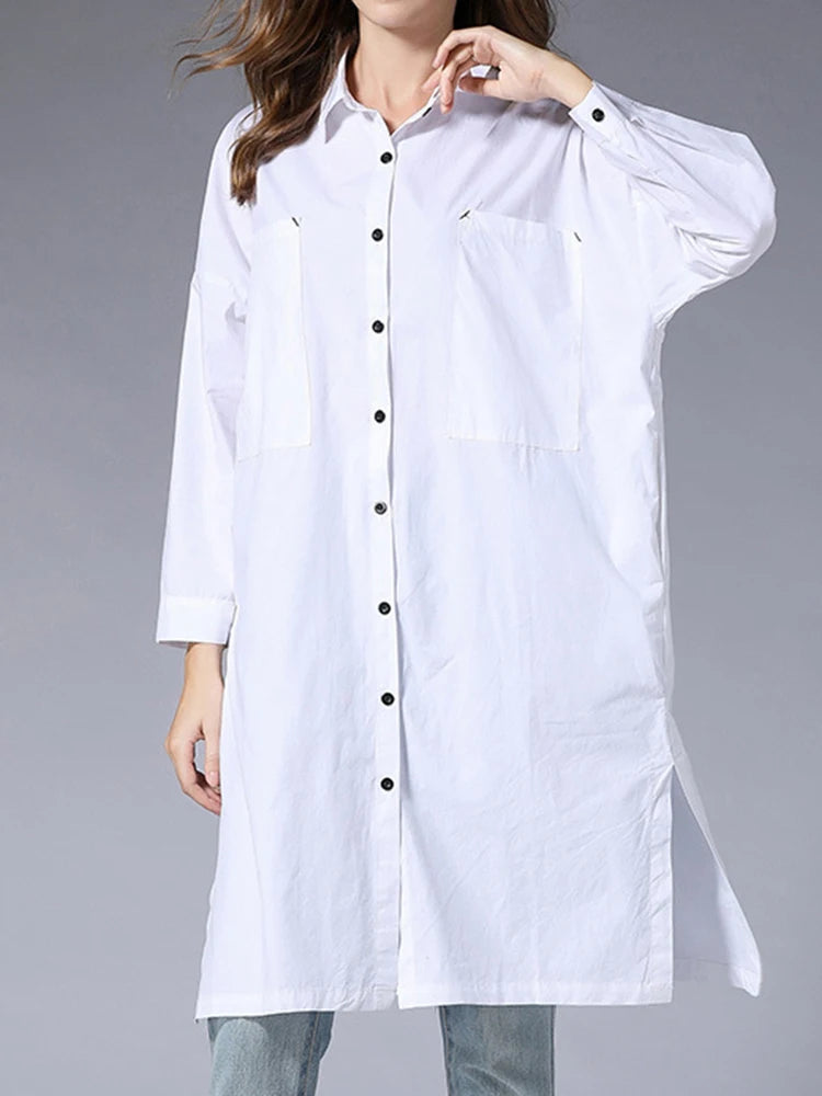 Women White Pocket Slit Spliced Big Size Long Blouse New Lapel Long Sleeve Shirt Fashion Tide Spring Autumn 2025 1DJ1506