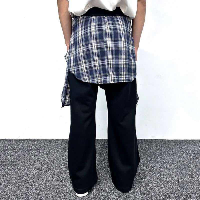 American Style Male Sweatpants High Street Fake Two-piece Spliced Plaid Peplum Design Solid Color Men's Pants 9W1857