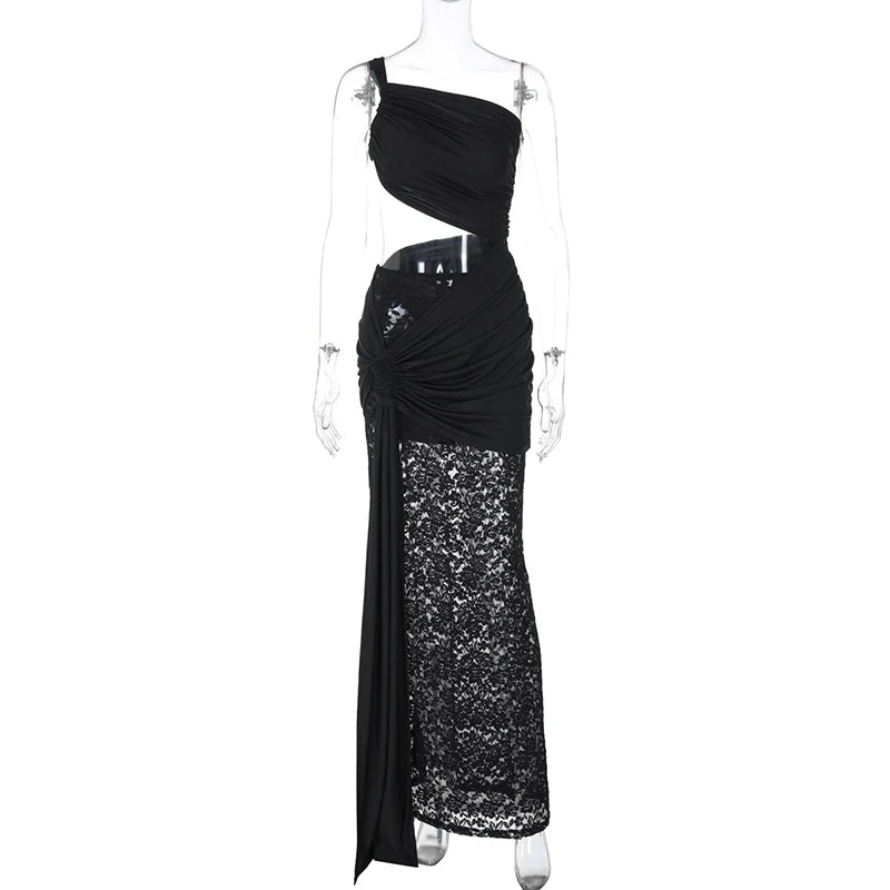 Hollow Out Lace Draped Sexy Maxi Dress For Women Gown Fashion One Shoulder Sleeveless Backless Bodycon Long Dress