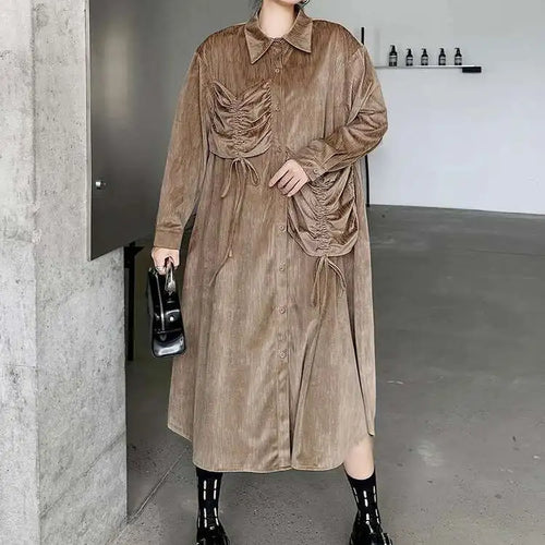 Load image into Gallery viewer, Women Khaki Drawstring Irregular Big Size Elegant Midi Dress New Long Sleeve Fashion Tide Spring Autumn 2025 1DH7270
