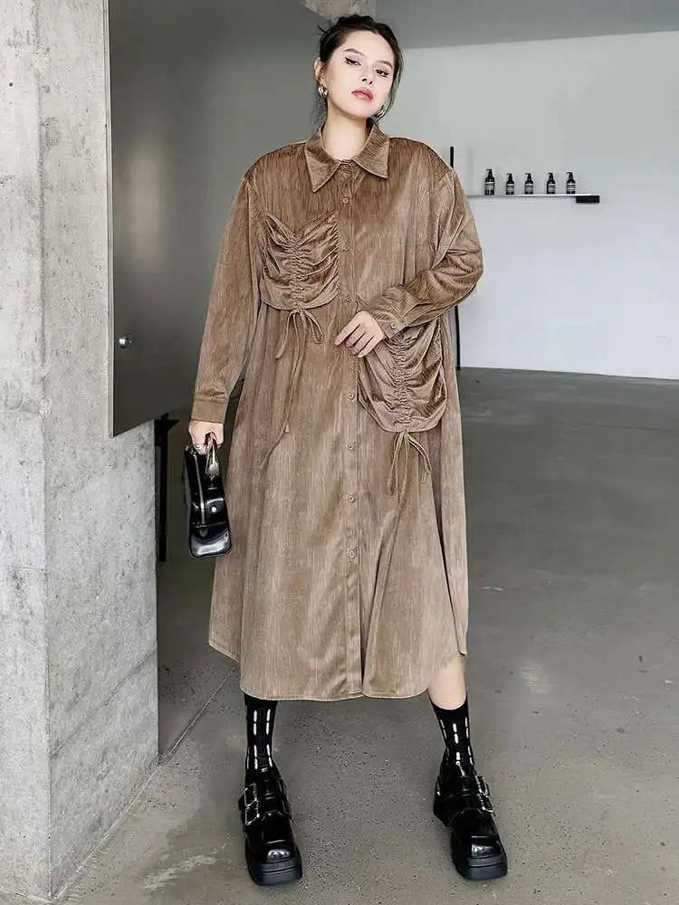 Women Khaki Drawstring Irregular Big Size Elegant Midi Dress New Long Sleeve Fashion Tide Spring Autumn 2025 1DH7270