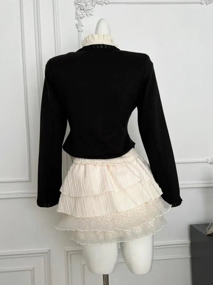 French Vintage Black Small Perfume Style Temperament Short Jacket Women's Autumn Winter Long Sleeved Single Breasted Cotton Coat