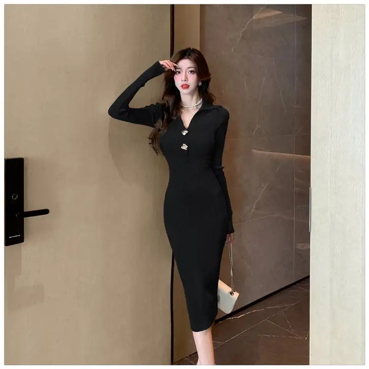 Women Autumn Black Knit Dress 2023 Beige Streetwear Slim Midi Long Dress Ladies Casual Blue Button Office Lady Bodycon Dresses