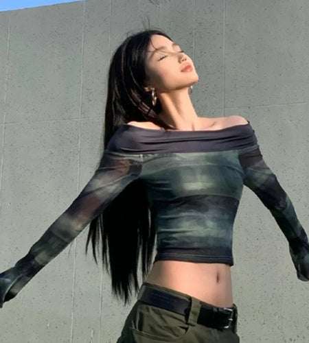 Harajuku T Shirts Korean Tshirts for Women Slash Neck Sexy Tees Drawstring Tunic Camisetas Chic Tie-dye Y2k Tops 2024 Ropa Mujer